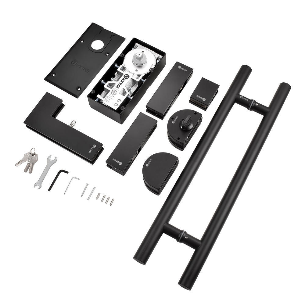 Ideas modernas de diseño de herrajes para puertas de vidrio minimalistas | Sistema completo a juego: resorte de piso + herraje de parche + cerradura de puerta de vidrio + tirador